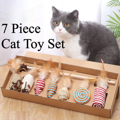 7 Piece Set Cat Toys Combination Set Funny Stick Sisal Feather Bell Plush Mouse Cat Pet Toy Supplies Kitten Toys for Indoor