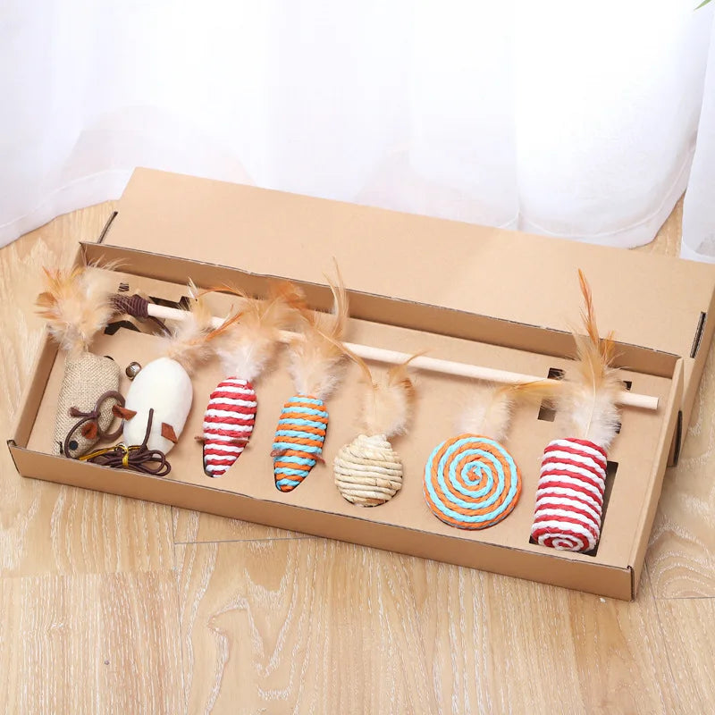7 Piece Set Cat Toys Combination Set Funny Stick Sisal Feather Bell Plush Mouse Cat Pet Toy Supplies Kitten Toys for Indoor