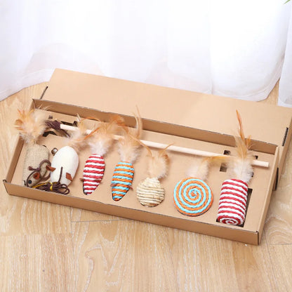7 Piece Set Cat Toys Combination Set Funny Stick Sisal Feather Bell Plush Mouse Cat Pet Toy Supplies Kitten Toys for Indoor